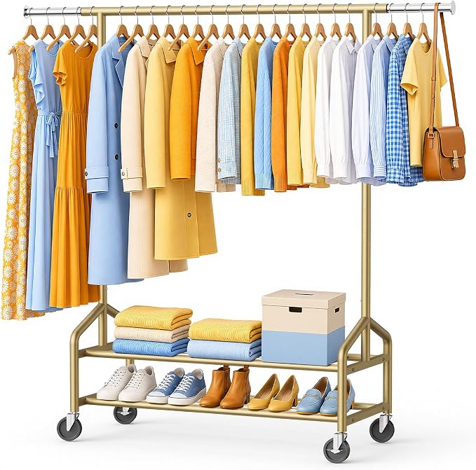 Heavy Duty Clothes Rack, Rolling Clothing Rack Load 650 LBS for Hanging Clothes with 2 Sturdy Shelves, Metal Garment Rack with Wheels for Bedroom, Laundry Room, Retail Store, Gold