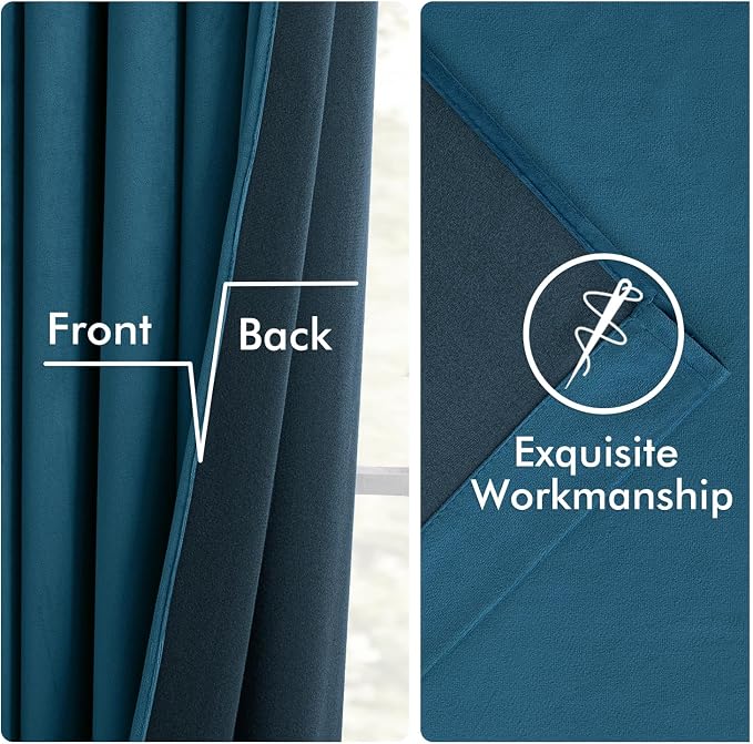 MIULEE Velvet Curtains 50W x 108L 2 Panels Peacock Blue Blackout Curtains | Luxury velvet fabric, pinch pleat design, back tab hooks, thermal insulated, blackout light blocking, for living room bedroom