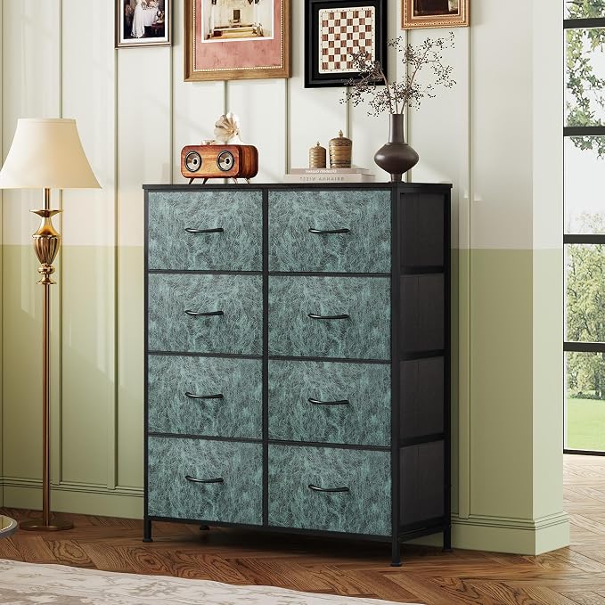 WLIVE 8 Drawer Fabric Dresser for Bedroom, Tall Storage Tower, Green | Green 8-drawer tall storage tower with fabric bins and wood tabletop, breathable non-woven, perfect for bedroom closet dorm