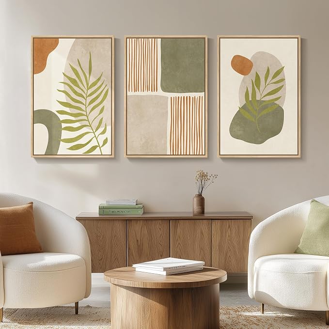 Framed Sage Green Orange Boho Abstract Wall Art for Living Room, 20x30 In | Canvas print, Large 3 piece, Botanical picture, Minimalist painting, Tropical leaf artwork, Geometric, Wall Decor for Bedroom