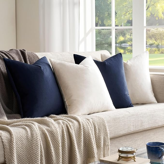 GIGIZAZA Pack of 4 Decorative Velvet Pillow Covers 18x18 Navy Beige | Throw Pillows for Couch Sofa,280gsm Soft Textured Fabric,Modern Accent Pillowcases,Luxury Living Room Cushion Covers