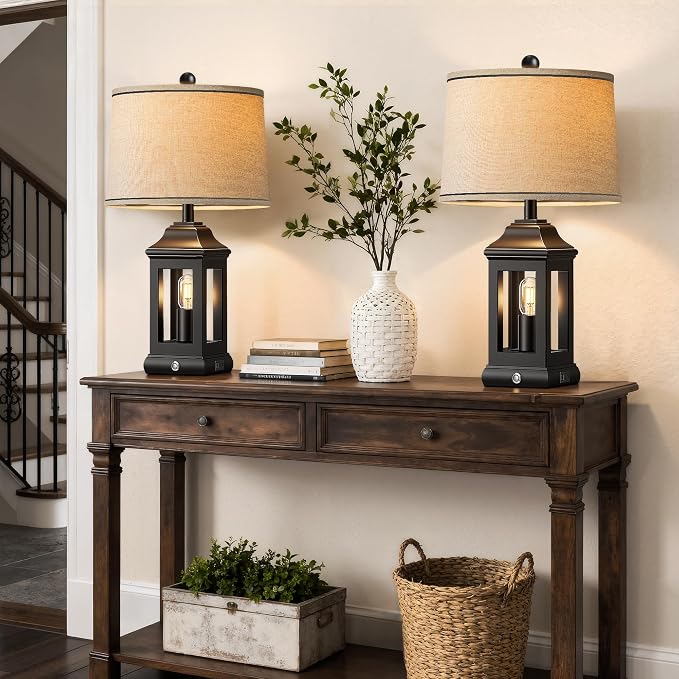 24" Rustic Farmhouse Table Lamps for Living Room Set of 2, Touch Dimmable Nightlight Vintage Bedside Lamps with USB A+C Ports & Dual Light Sources for Bedroom Nightstand End Table, Matte Black