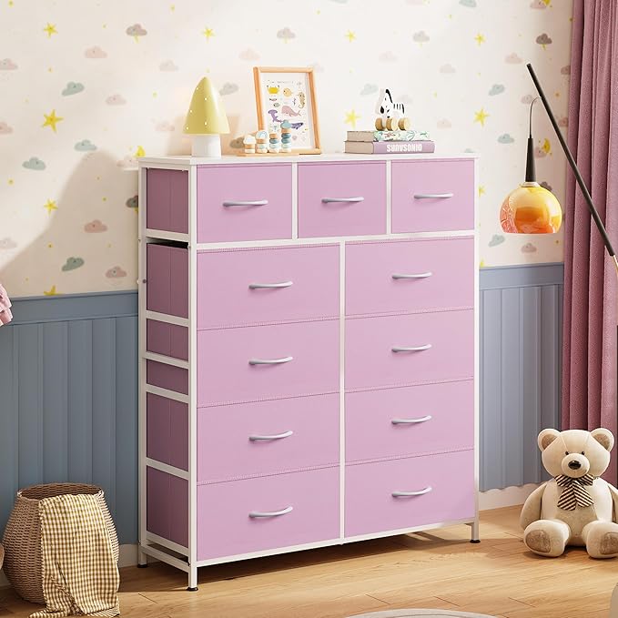 WLIVE 11 Drawer Dresser for Bedroom, Tall Chest of Drawers, A-Pink | 11 fabric storage drawers, Tall high-capacity design, Bedroom or dorm use, Sturdy steel frame, Smooth wood tabletop