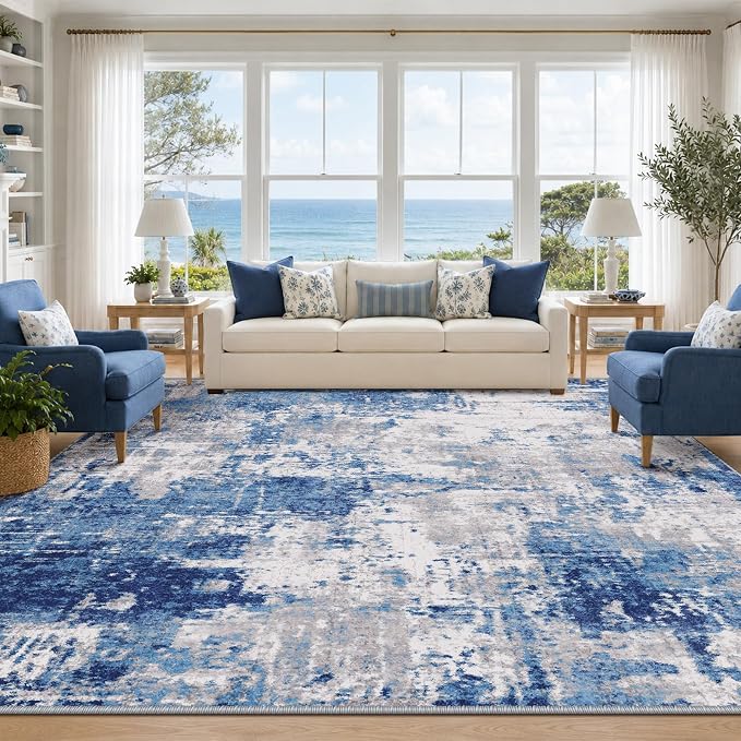 RELEANY Washable 8'x10' Abstract Area Rug for Living Room Blue Gray | Carpet for Bedroom, Kitchen, Office, Hallway and Entryway, Printed Pattern, Non‑Slip, Soft, Stain‑Resistant, Easy to Clean