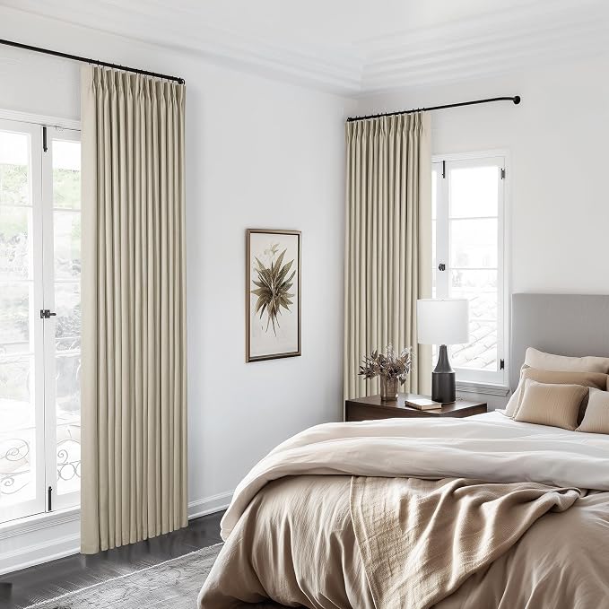Burlywood Birch 100% Blackout Pinch Pleated Linen Curtains 90 Inches Long | Insulated Thermal Heat Reducing, Memory Shape, for Bedroom Living Room, Taupe Pleated Curtains with Hooks Rings, 2 Panels