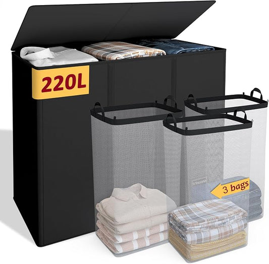 220L Laundry Hamper 3 Section,Large Laundry Hamper with Lid,Dirty Clothes Hamper with 3 Inner Bags,Collapsible Laundry Basket Organizer for Laundry Room,Bedroom,Laundry Sorter Hamper 3 Compartment