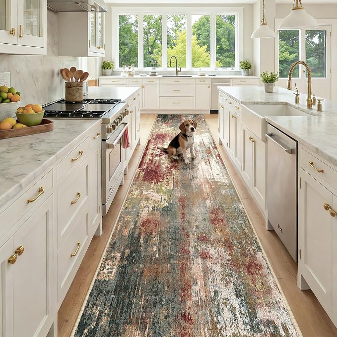 RELEANY Washable Runner 3'x12' Abstract Area Rug for Hallway Rustic Brown | Carpet for Kitchen, Entryway, Bathroom, Living Room, Bedroom, Printed Pattern, Non‑Slip, Soft, Stain‑Resistant, Easy to Clean