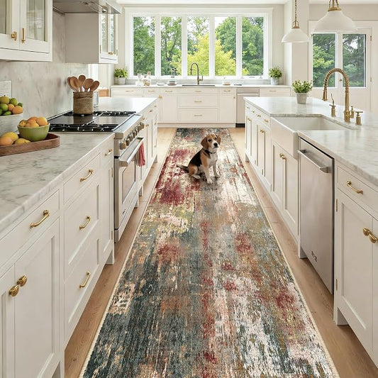 RELEANY Washable Runner 3'x12' Abstract Area Rug for Hallway Rustic Brown | Carpet for Kitchen, Entryway, Bathroom, Living Room, Bedroom, Printed Pattern, Non‑Slip, Soft, Stain‑Resistant, Easy to Clean