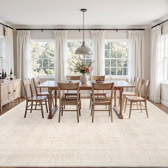 6x9 Area Rugs Living Room: Bedroom Neutral Washable Carpet Beige | Large Vintage Boho Indoor Decor Carpets Soft Nursery Farmhouse Dining Room Office Floor Non-Slip Low Pile Under Table Rug