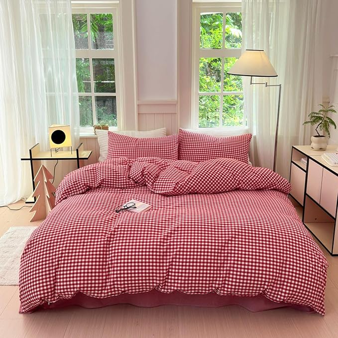 LifeTB Queen Comforter Set Red Gingham Comforter Modern Style Plaid Boho Comforter Set 3 Pieces Fluffy Grid Checkered Comforter with 2 Pillowcases Farmhouse Gingham Bedding Set Queen Size