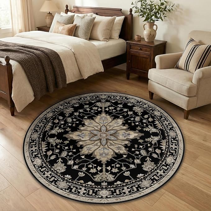 RELEANY Washable Area Rug, Round 4ft, Black/Neutral | Non-Slip, Water Repellent, Pet Friendly, Easy to Clean, Vintage Floral Boho Decor for Living Room Bedroom Dining Room Entry