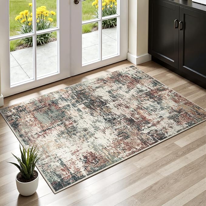 Rugflix 2x3 Entrance Rugs, Washable Rust Brown Green Entry Rug | Machine Washable; Stain-Resistant; Low Pile; Non-slip; Modern Abstract; Black Carpet for Entryway Kitchen Hallway Home