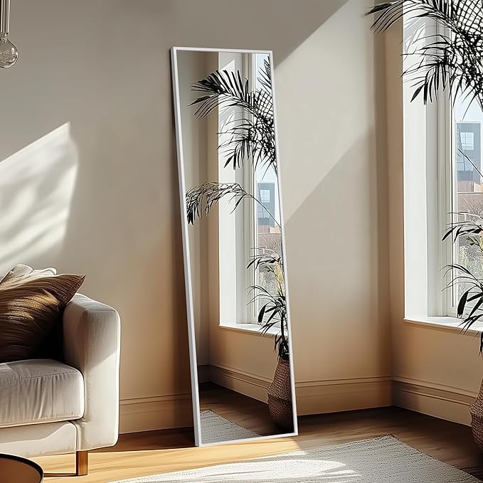 Full Length Mirror with Stand, 56x15 Silver Floor Mirror | Aluminium alloy frame with HD float glass for distortion-free reflection. Free standing or wall mounted.