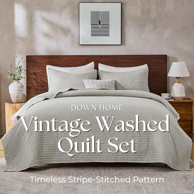 DOWN HOME King Quilt Bedding Set with Shams, Vintage Washed Soft Quilted Blanket Thin Comforter Lightweight Bedspread Coverlet Bed Cover, Brushed Microfiber Stripe Stitching, Light Gray, 104"x90"