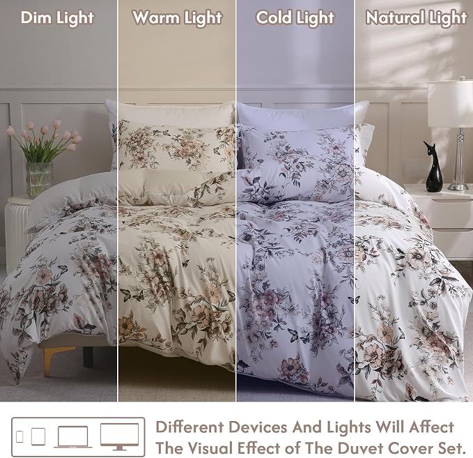 LONAVA King Floral 3 Pcs Duvet Cover Set, Breathable Soft Microfiber Light Grey Lining Comforter Cover with Zipper Closure, and 2 Anti-Pilling, Fade Resistant Pillowcases, Withered Flowers