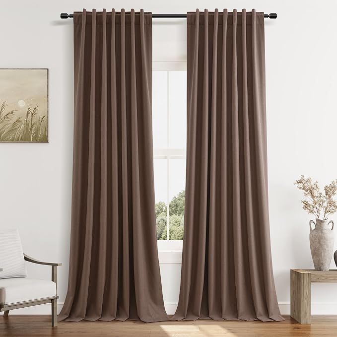 100% Blackout Curtains 96 Inch Length 2 Panels Set for Living Room Bedroom Back Tab Thermal Insulated Black Out Linen Drapes Room Darkening Cappuccino,52x96