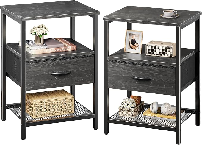 Huuger Nightstand Set of 2, Night Stand with Fabric Drawer, Mesh Shelf | Side Table with Storage, Fabric Drawer Dresser, Open Shelf, Bedroom, Charcoal Black Wood Grain Print