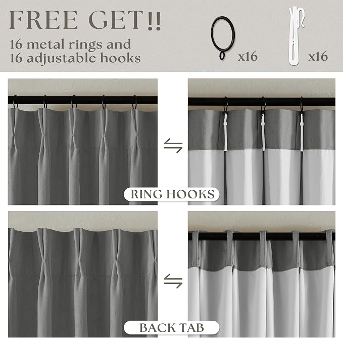 Dark Grey Linen 100% Black Out 120 Inch Curtains for Living Room | Pinch Pleated Back Tab Drapes, Thermal Insulated Full Black Out, W40xL120 Curtains for High Ceiling to Floor, 2 Panels
