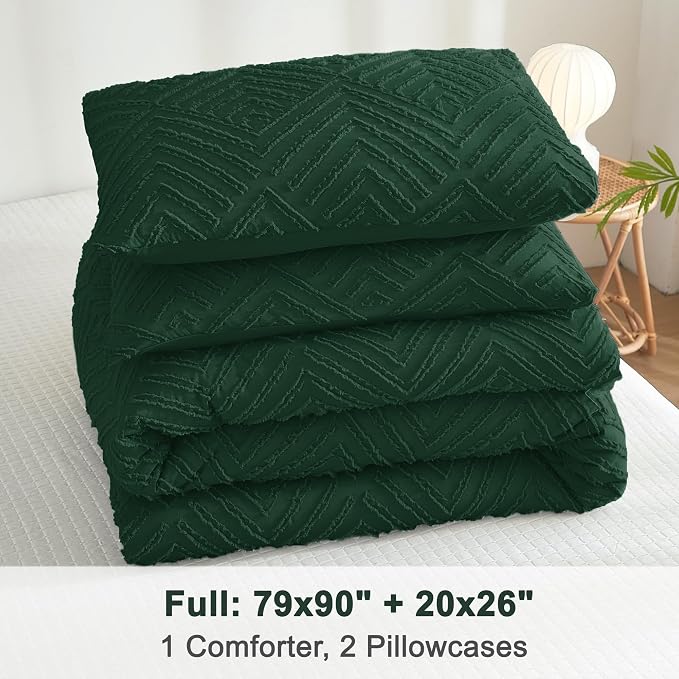 Litanika Full Size Comforter Set, 3 Pieces Emerald Tufted Boho Bedding Set | Emerald Green Farmhouse Shabby Chic Vintage Bohemian Textured Aesthetic Soft Fluffy Lightweight Breathable All Season Bed Set