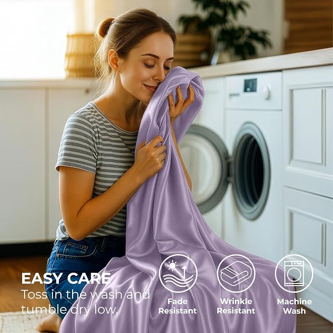 Satin Sheets Full [4-Piece, Lavender] Hotel Luxury Silky Bed Sheets - Extra Soft 1800 Microfiber Sheet Set, Wrinkle, Fade, Stain Resistant - Deep Pocket Fitted Sheet, Flat Sheet, Pillow Cases