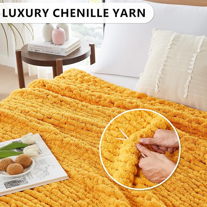 L'AGRATY Chunky Knit Throw Blanket for Couch, 72 x 84 Inches Mustard Yellow | Handmade Chenille Crochet Blanket for Sofa Bed, Thick Cable Knitted Blankets for Room Home Decor, Birthday Gift for Women Mom