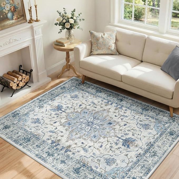 RELEANY Washable Area Rug, 5'x7', Blue/White/Gray | Non-Slip, Water Repellent, Pet Friendly, Easy to Clean, Vintage Floral Boho Decor for Living Room Bedroom Dining Room Office
