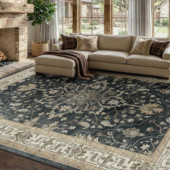 RELEANY Washable Area Rug, 8'x10', Black/Vintage/Beige | Non-Slip, Water Repellent, Pet Friendly, Easy to Clean, Vintage Floral Boho Decor for Living Room Bedroom Dining Room