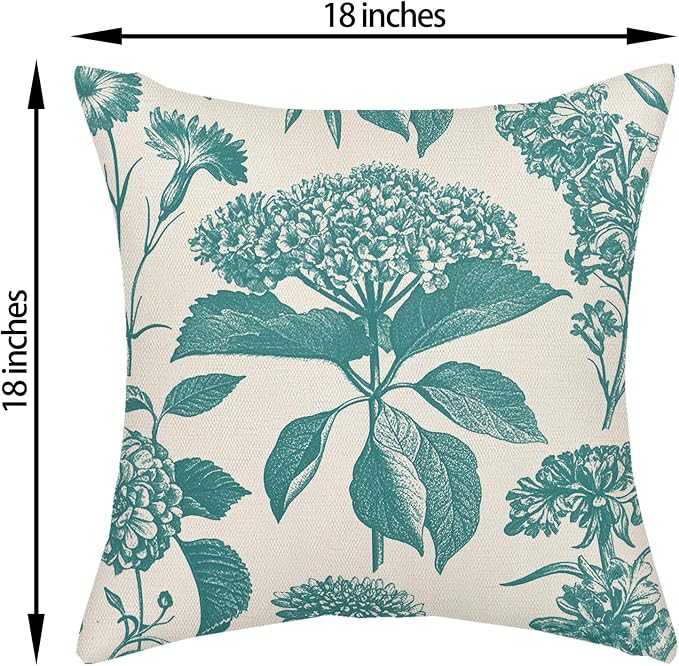 Aqua Teal Pillow Covers 18x18 Inch 2 Pcs Boho Vintage Floral Decor Throw Pillows Hydrangea Flower Summer Outdoor Farmhouse Neutral Accent Decoration Pillowcase Linen Cushion Cover for Sofa