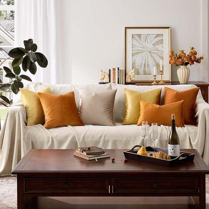 GIGIZAZA Orange Velvet Pillow Covers 18x18 Decorative Pillows Pack of 2 | Throw Pillows for Couch Sofa,280gsm Soft Textured Fabric,Modern Square Pillowcases,Luxury Cushion Covers