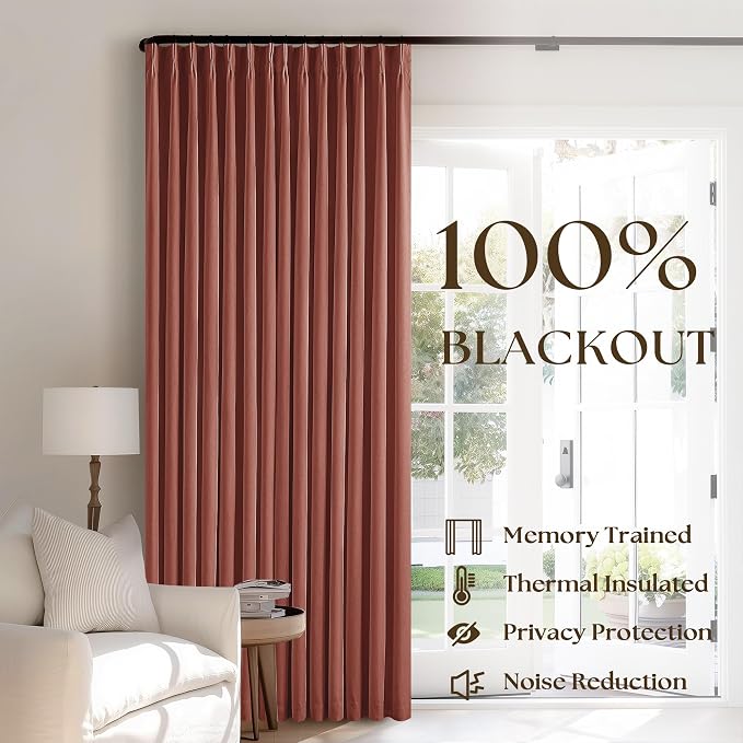 Terracotta Pinch Pleat 100% Blackout Linen Bedroom Curtains 96 Inch Length | Double Layer Curtains, Pleat with Ring Hooks Back Tab, Black Out Room Darkening Drapes, for Living Room, 40x96 2 Panels Set
