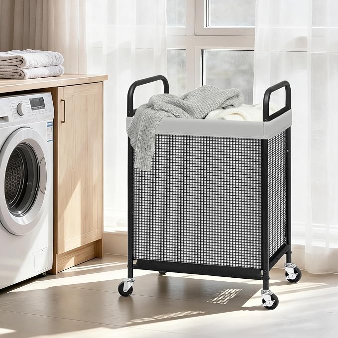 STORAGE MANIAC Rolling Laundry Hamper with Wheels 1-Section Laundry Sorter Rolling Laundrys Basket on Wheels with Removable Bag Clothes Hamper Laundrys Organizer Cart Bathroom Bedroom 90L Grey