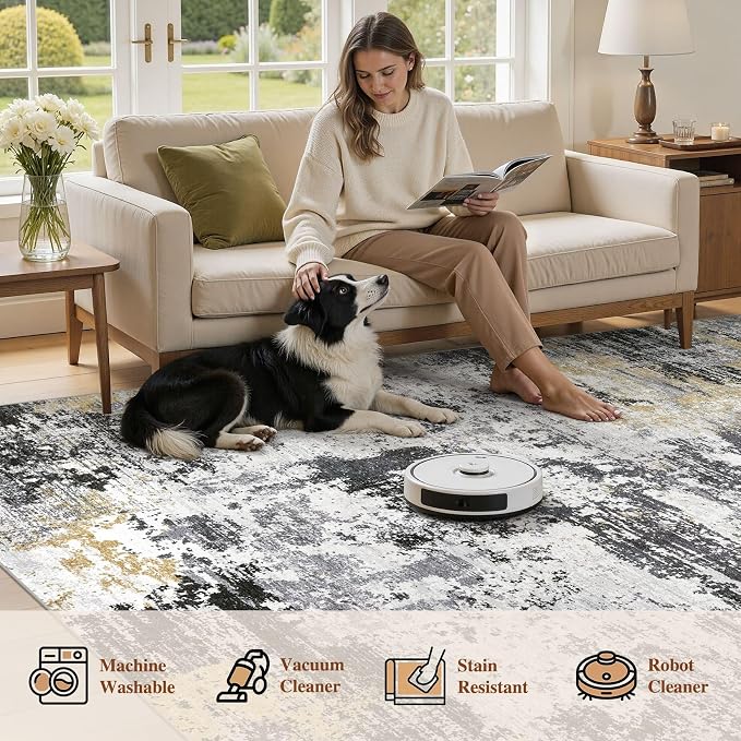 UERMEI 10x14 Area Rug for Living Room - Washable Neutral Modern Abstract Carpet, Non-Slip Soft Large Indoor Floor Rugs for Bedroom Home Office & Under Dining Table Decor, Black/White/Gold