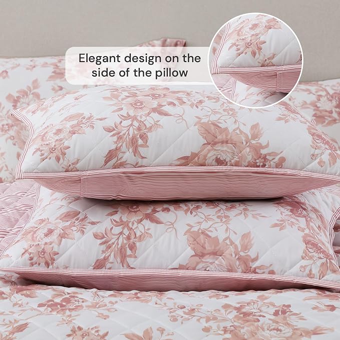Twin/Twin XL Quilt Set-2 Pieces Soft Bedding Floral Reversible Coverlet | All Seasons Lightweight Quilts Queen Size for Bed, Breathable Vintage Bedspread with Sham, Dusty Rose Pink
