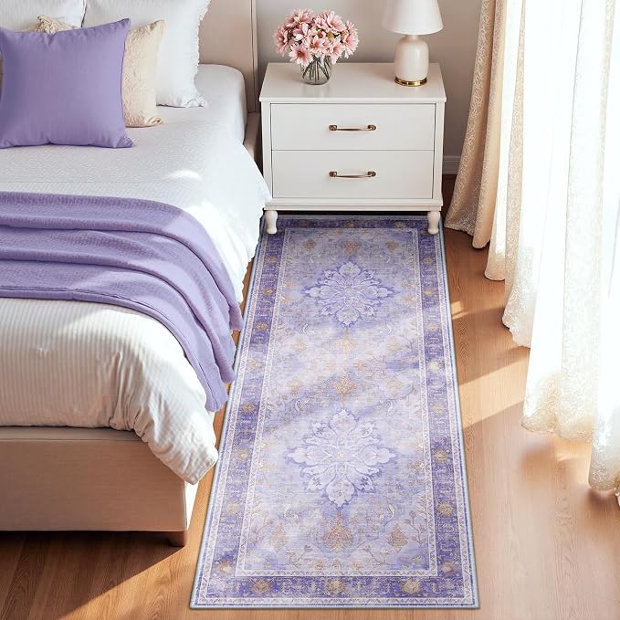 RELEANY Washable Area Rug, Runner 2'x5', Purple | Non-Slip, Water Repellent, Pet Friendly, Easy to Clean, Vintage Floral Boho Decor for Kitchen Entry Bedroom Bedside Laundry