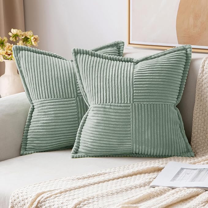 MIULEE Decorative Throw Pillow Covers for Couch 20x20 Inch Greyish Green | Boho Broadside Striped Patchwork Pillow Covers, Soft Corduroy Cushion Cases, For Sofa Bed Livingroom Home Decor