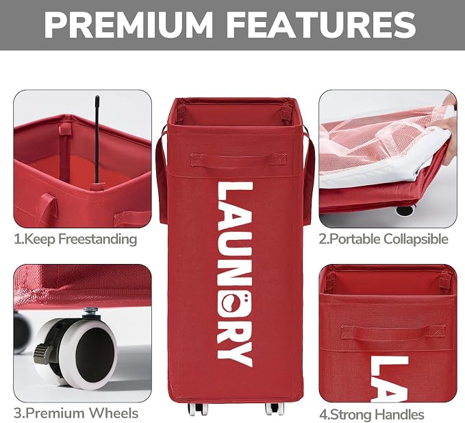 Goodpick 75L Collapsible Laundry Baskets with Wheels and Removable Wash Bag | Rolling Laundry Hamper with Handle for College Dorm and Laundry Room, Laundry Hamper on Wheels, Red