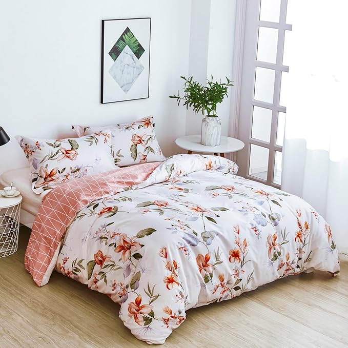 OAITE King Duvet Cover Set 3pcs 100% Cotton with Pink Flower | Soft, Breathable,Long-lasting,Comfort,Hidden Zipper,8 Corner Ties,Easy Care for All Season
