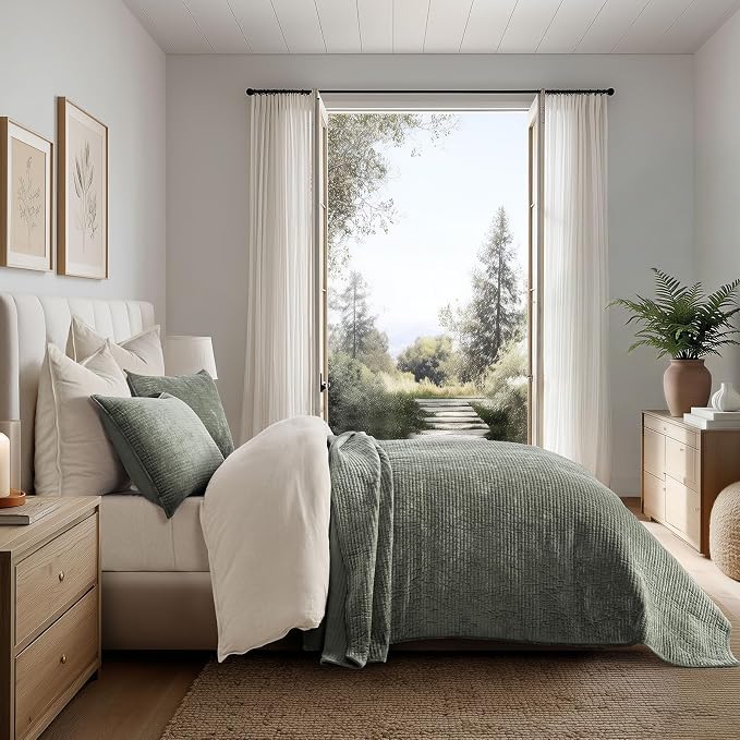 EverGrace Striped Channel Velvet Quilt Set, King Size, Dried Thyme Green | Luxurious Soft Lightweight Velvet Comforter, Oversized Bedspread Coverlet, Quilted Bedding Set for All Season, with 2 Shams