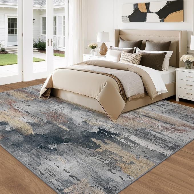RELEANY Washable 9'x12' Abstract Area Rug for Living Room Ash Brown | Carpet for Bedroom, Kitchen, Office, Hallway and Entryway, Printed Pattern, Non‑Slip, Soft, Stain‑Resistant, Easy to Clean
