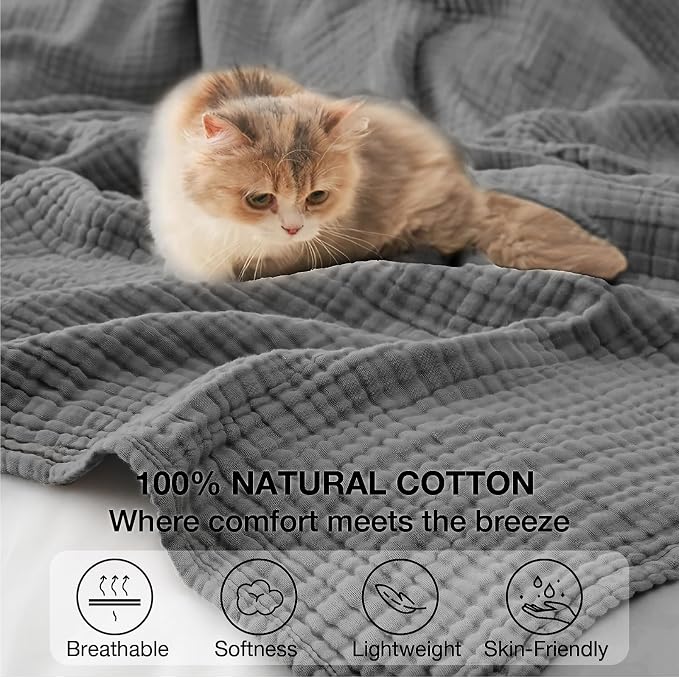 100% Cotton Muslin Blanket Twin 66" x 90", Breathable and Lightweight Cotton Twin Blankets for Couch, Soft Cooling Summer Gauze Blanket for Adults All Season, Charcoal Grey