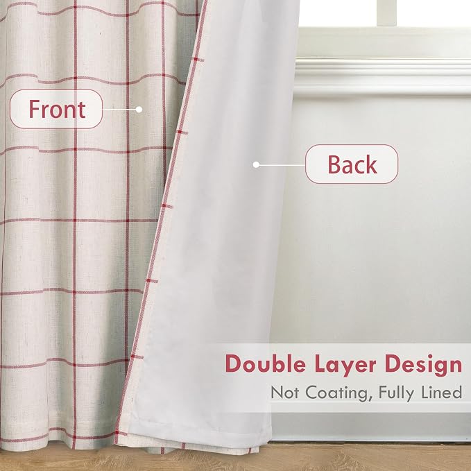 DriftAway 100% Blackout Plaid Linen Curtains 90 Inches Long 2 Panels Red | 100% Blackout, Linen Texture, Plaid Pattern, Two Layers, Rod Pocket & Back Tab, Bedroom Living Room Use, Luxury Appearance