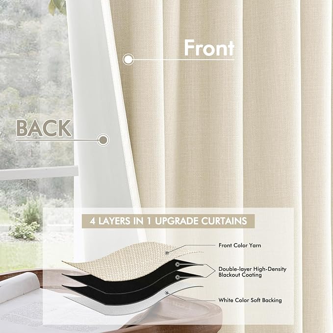 MIULEE 100% Blackout Back Tab Pleat Linen Curtains 50" Wx102 L,Light Cream | 2 Panels,Thick Faux Linen,Floor to Ceiling,with Hooks,for Bedroom Living Room,Black Out,Room Darkening