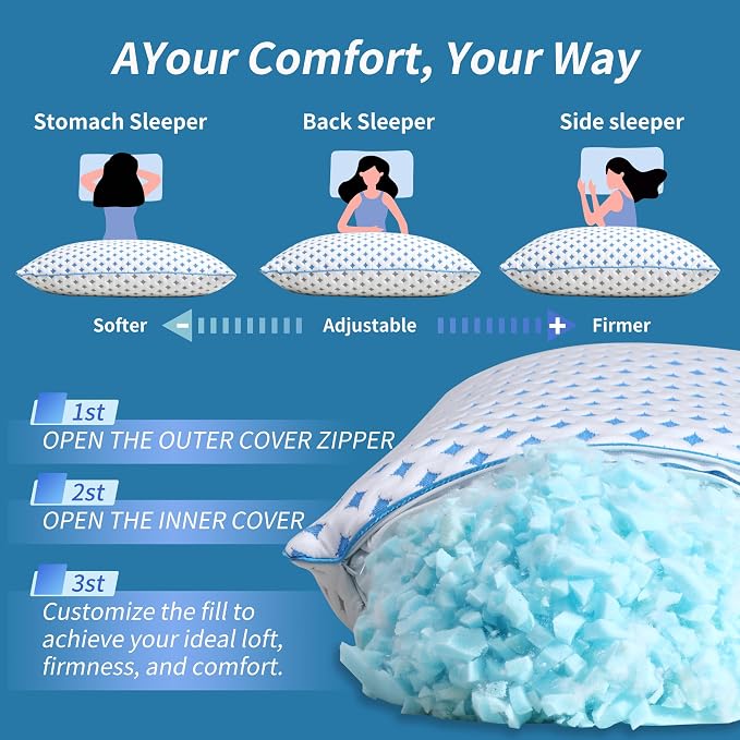 King Pillow 1 Pack, Cooling Shredded Memory Foam Pillow | Adjustable Loft, Balanced Support, Medium Firm Feel, Side Back Stomach Sleepers, Washable Cover, Airflow Design, Easy Care