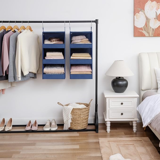 GRANNY SAYS 3-Shelf Hanging Closet Organizer, Foldable Storage, Navy | 33 lb Capacity, No-Sag Support, Keeps Clothes Neat, Folds Flat, Fits RV, Dorm & Small Closets, 2 Pack