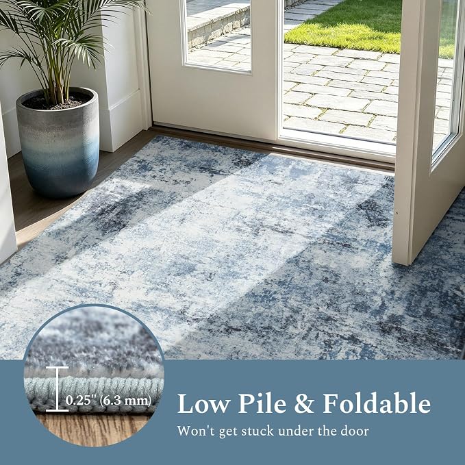 Rugflix 8x10 Area Rugs for Living Room, Washable Light Blue Grey Large Rug | Machine Washable; Stain-Resistant; Low Pile; Non-Slip; Modern Abstract; Black Carpet for Bedroom Dining Office Nursery Home