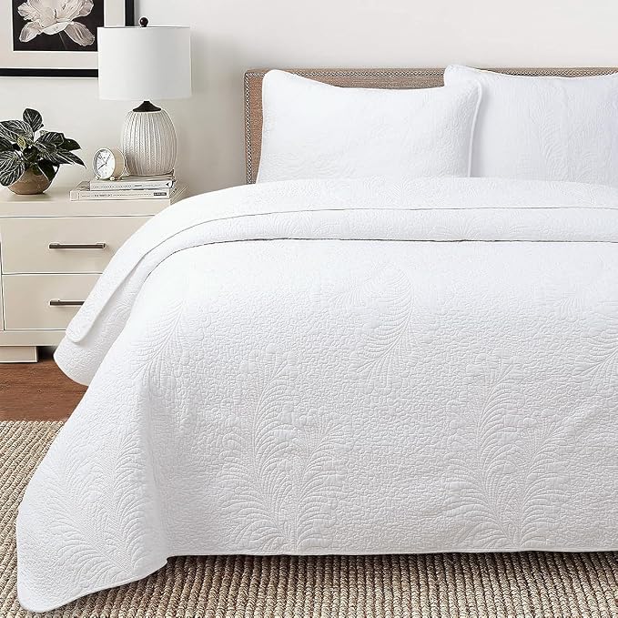 Cozy Line Home Fashions White 100% Cotton Quilt Set King | 3-Piece, Quilted Botanical Stitch Bedspread with Shams, Elegant, All Season Bedding