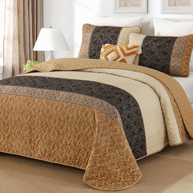 Cottolester Brown Quilt Set Full Size 3 Pieces,Boho Striped Bedspread Set | Farmhouse Plaid Bedding Set,Ligheweight Coverlets Set for Men Women,Soft Microfiber Quilt Bedding Set 78"x90"