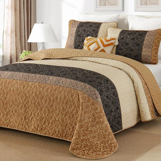 Cottolester Brown Quilt King Size,3 Pcs Boho Striped Plaid Bedspread | Ultra Soft Lightweight Coverlets Set for Men Women,Microfiber Patchwork Quilt Bedding Sets for All Seasons 110"x90"