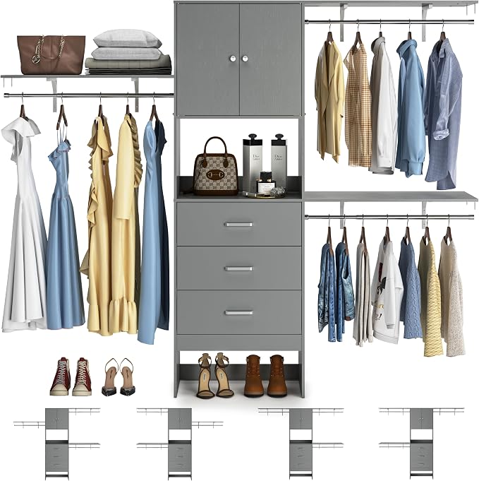 Armocity 96 Inches Closet System with Doors, 8FT Walk In Closet Organizer with 2 Shelving Towers, Heavy Duty Clothes Garment Rack with 3 Wood Drawers, 96"L x 16"W x 80"H, Max Load 1000 LBS, Grey