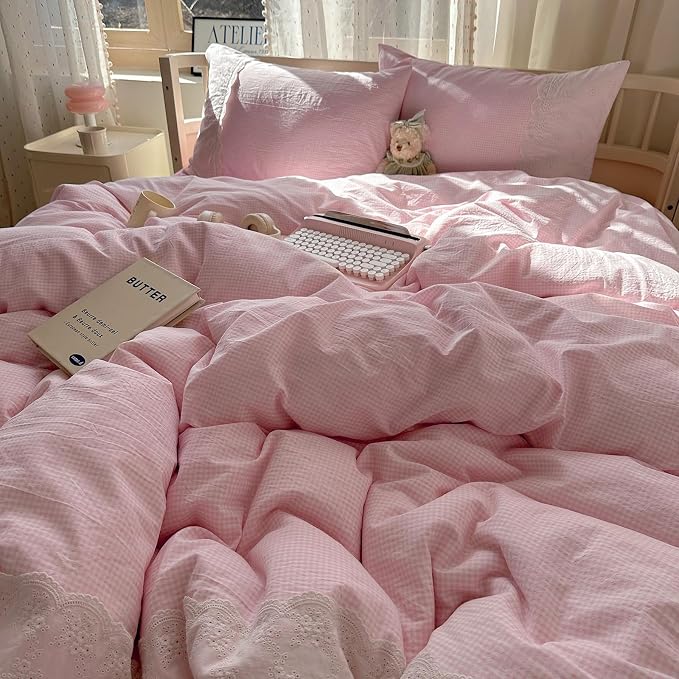 mixinni Pink White Gingham Duvet Cover Twin XL Size - 3 Piece Cottagecore Plaid Bedding Set with Lace Trim, Soft Washed Microfiber Vintage Aesthetic Grid Comforter Cover & Pillow Shams
